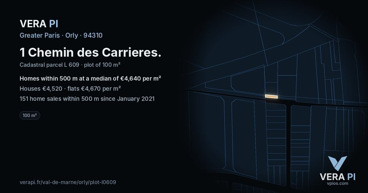 1 Chemin des Carrieres, Orly at night – the plot lit, the parcels around coloured by the prices near them