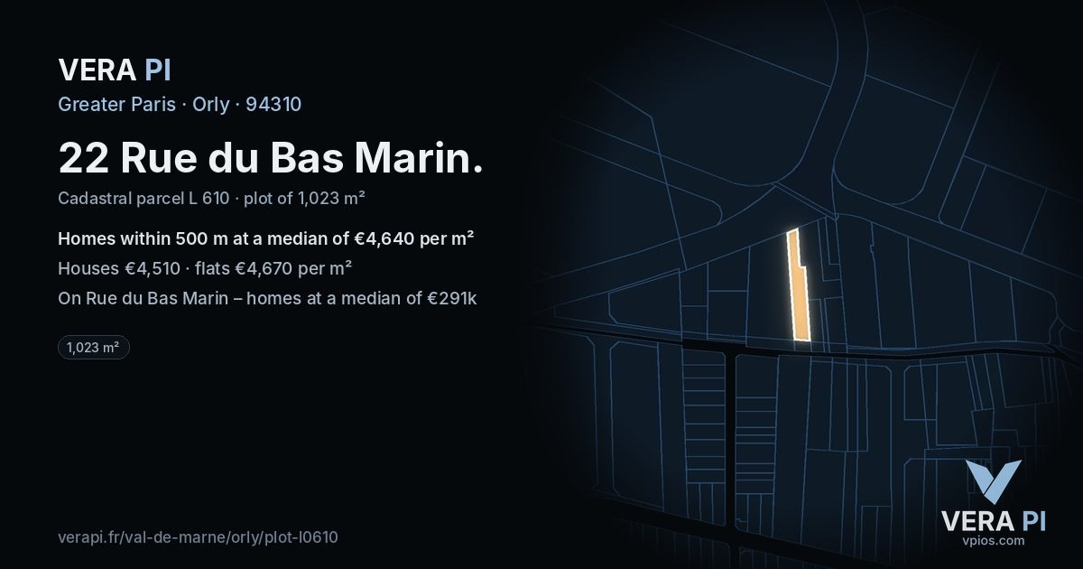 22 Rue du Bas Marin, Orly at night – the plot lit, the parcels around coloured by the prices near them