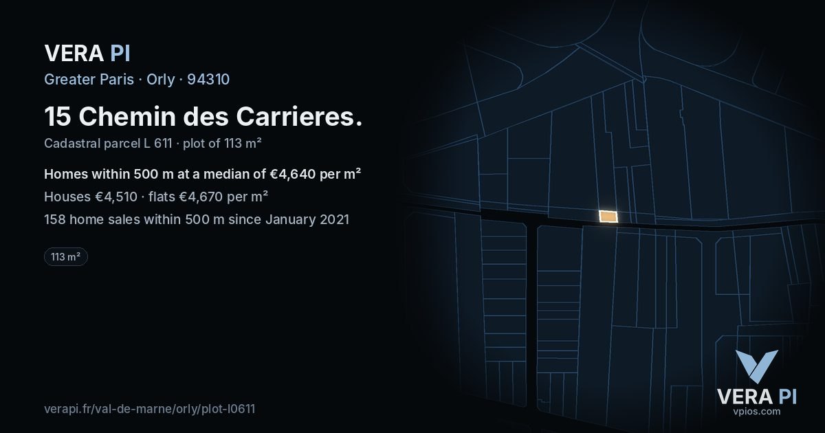 15 Chemin des Carrieres, Orly at night – the plot lit, the parcels around coloured by the prices near them