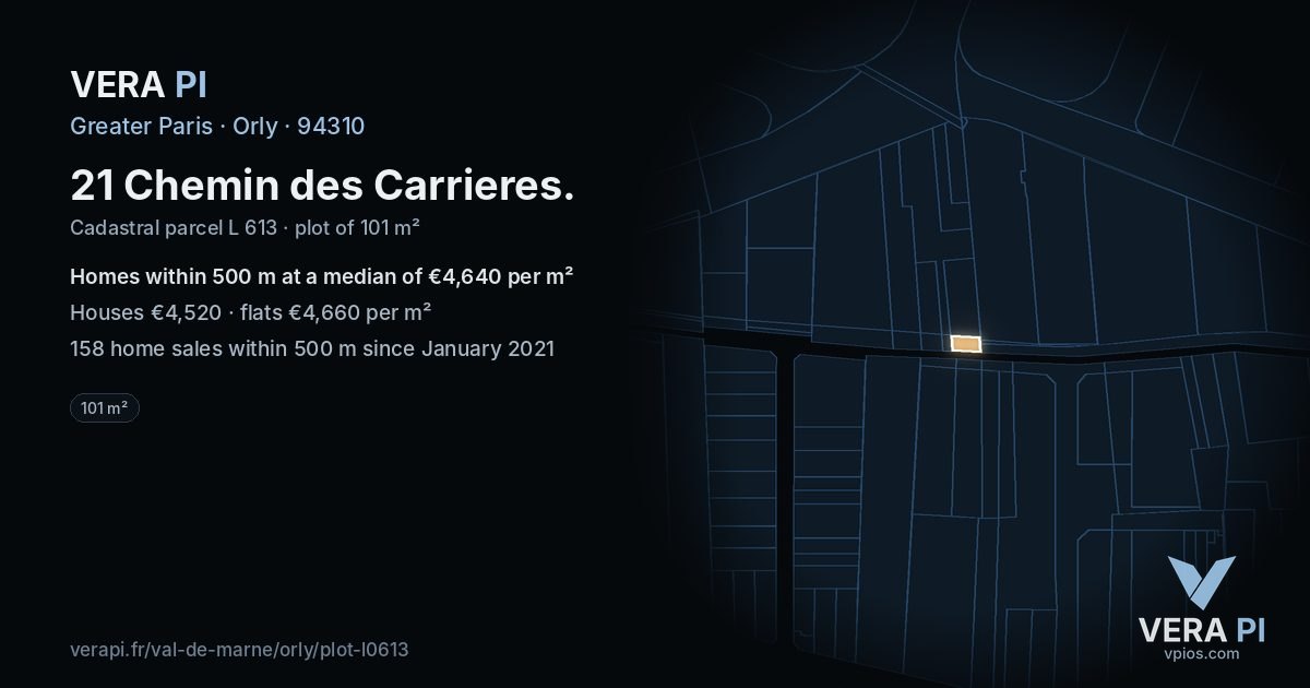 21 Chemin des Carrieres, Orly at night – the plot lit, the parcels around coloured by the prices near them