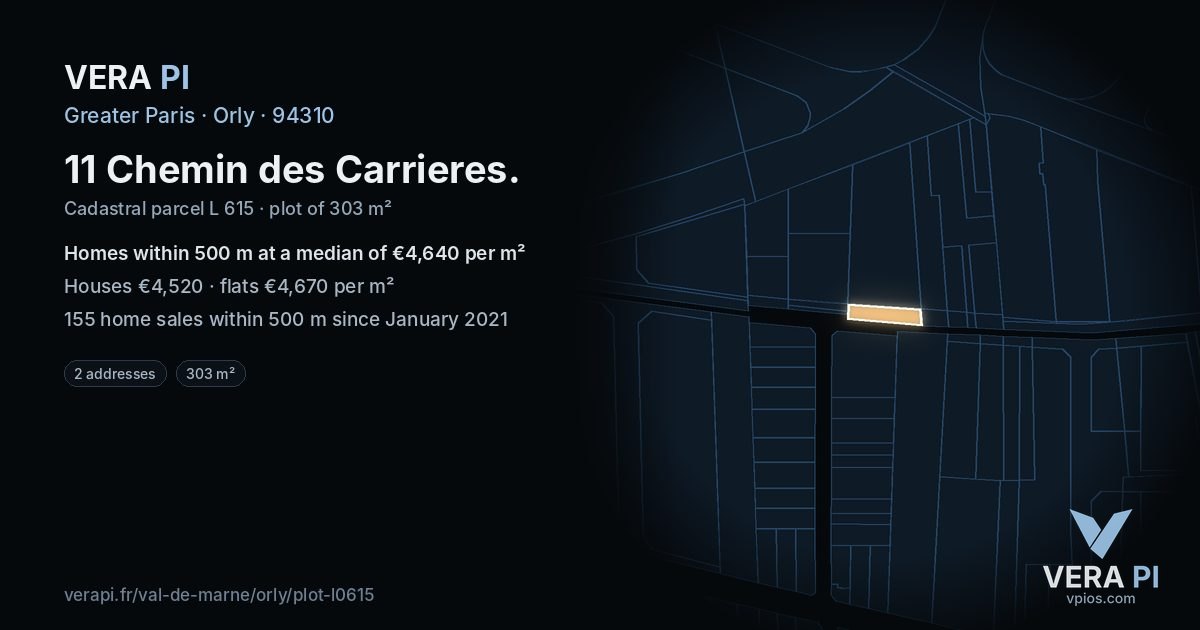 11 Chemin des Carrieres, Orly at night – the plot lit, the parcels around coloured by the prices near them