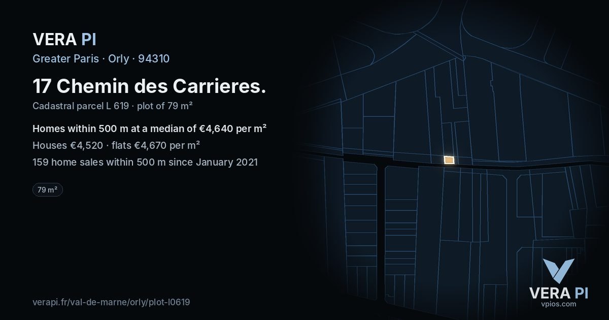 17 Chemin des Carrieres, Orly at night – the plot lit, the parcels around coloured by the prices near them