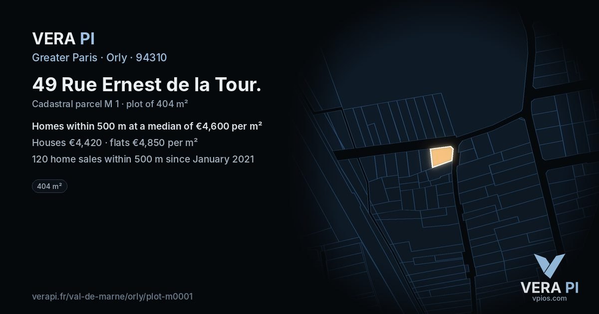 49 Rue Ernest de la Tour, Orly at night – the plot lit, the parcels around coloured by the prices near them