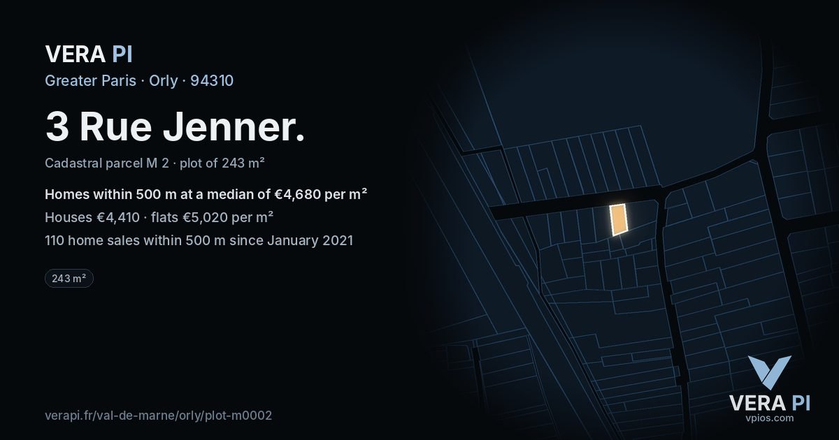 3 Rue Jenner, Orly at night – the plot lit, the parcels around coloured by the prices near them