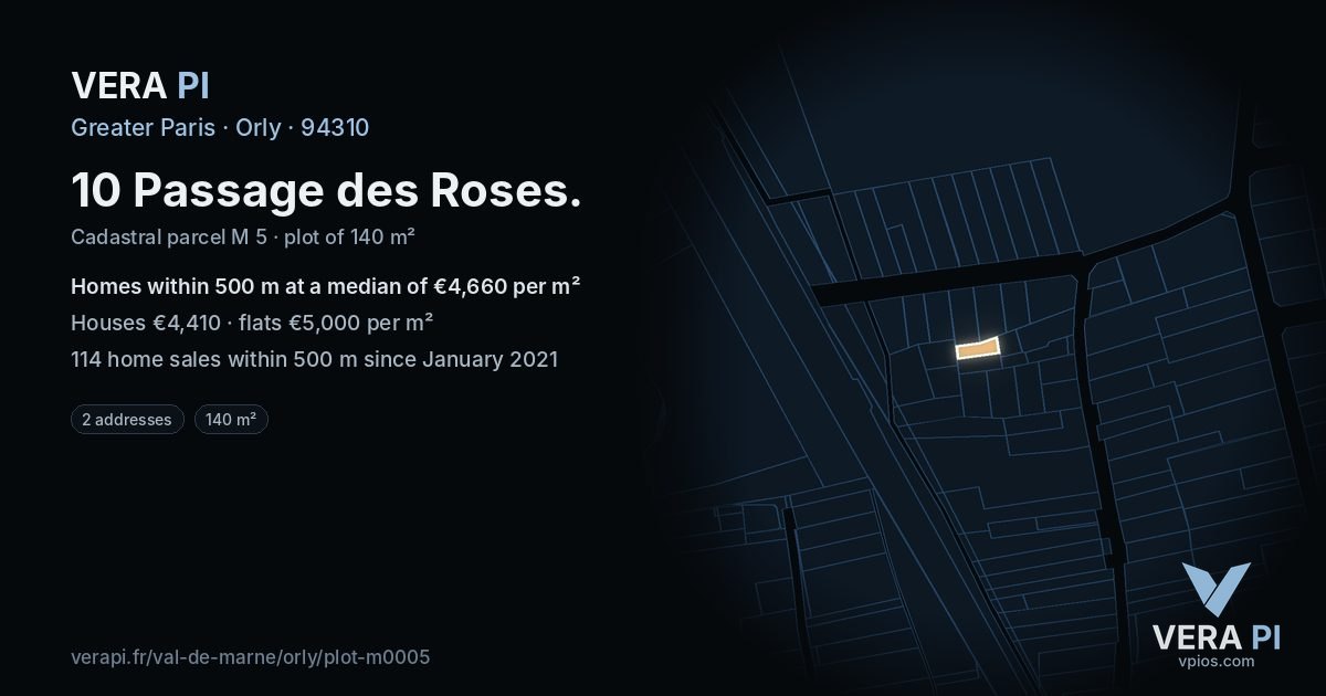 10 Passage des Roses, Orly at night – the plot lit, the parcels around coloured by the prices near them