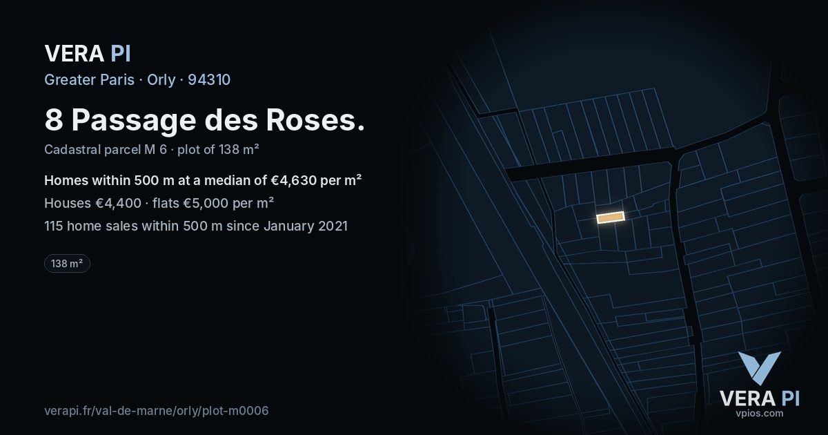 8 Passage des Roses, Orly at night – the plot lit, the parcels around coloured by the prices near them