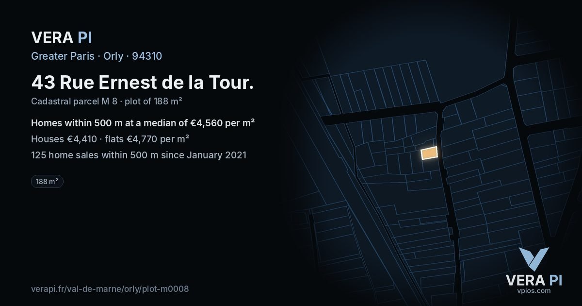 43 Rue Ernest de la Tour, Orly at night – the plot lit, the parcels around coloured by the prices near them