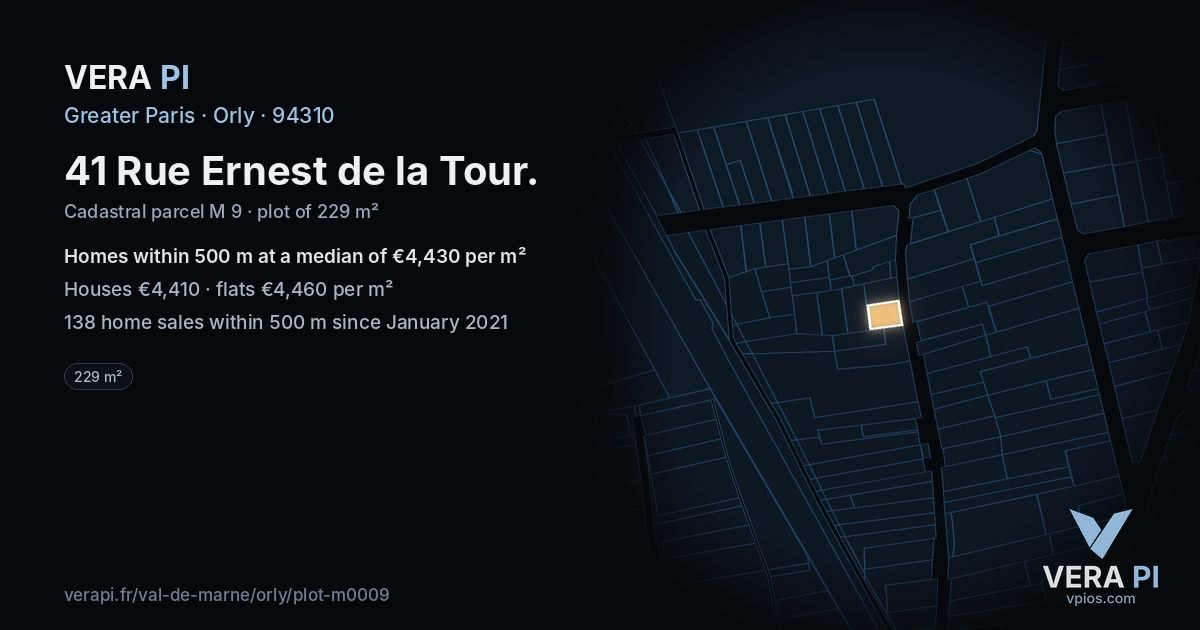 41 Rue Ernest de la Tour, Orly at night – the plot lit, the parcels around coloured by the prices near them
