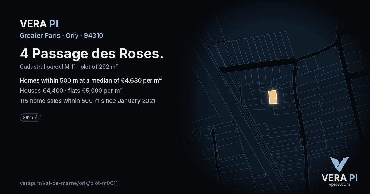 4 Passage des Roses, Orly at night – the plot lit, the parcels around coloured by the prices near them