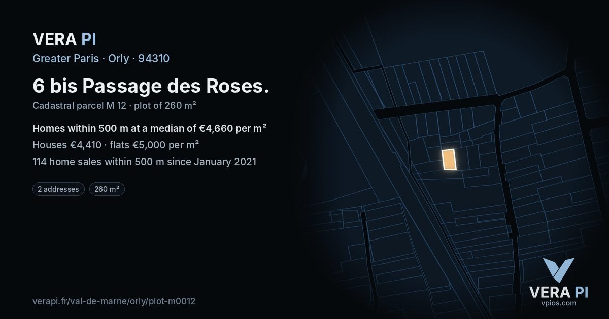 6 bis Passage des Roses, Orly at night – the plot lit, the parcels around coloured by the prices near them