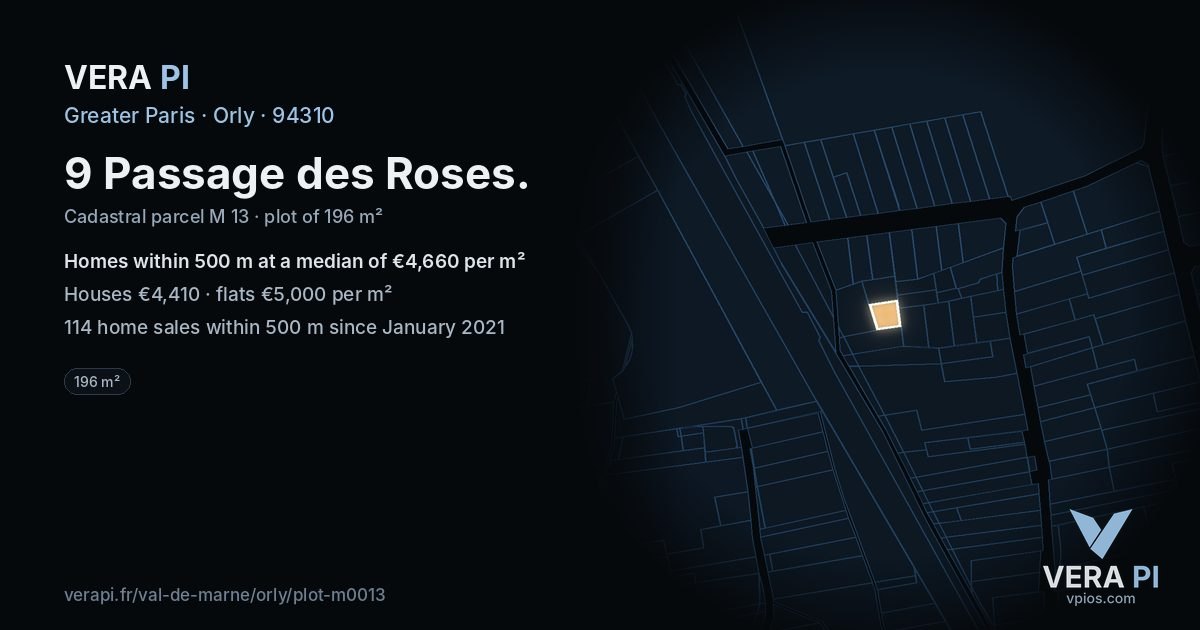 9 Passage des Roses, Orly at night – the plot lit, the parcels around coloured by the prices near them