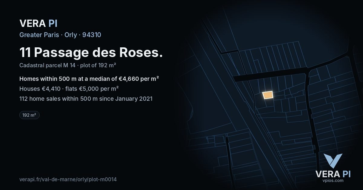 11 Passage des Roses, Orly at night – the plot lit, the parcels around coloured by the prices near them