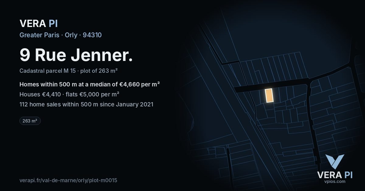 9 Rue Jenner, Orly at night – the plot lit, the parcels around coloured by the prices near them