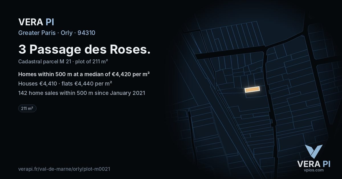 3 Passage des Roses, Orly at night – the plot lit, the parcels around coloured by the prices near them