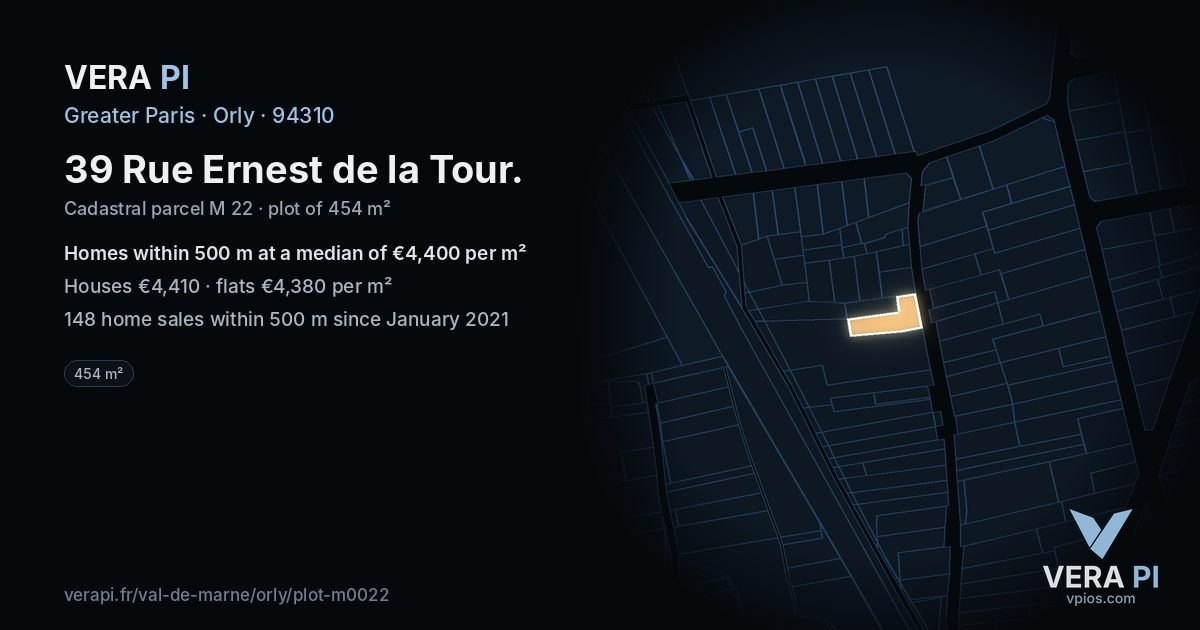 39 Rue Ernest de la Tour, Orly at night – the plot lit, the parcels around coloured by the prices near them