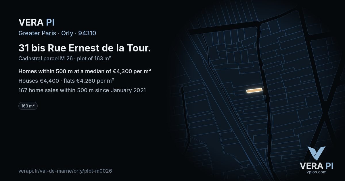 31 bis Rue Ernest de la Tour, Orly at night – the plot lit, the parcels around coloured by the prices near them