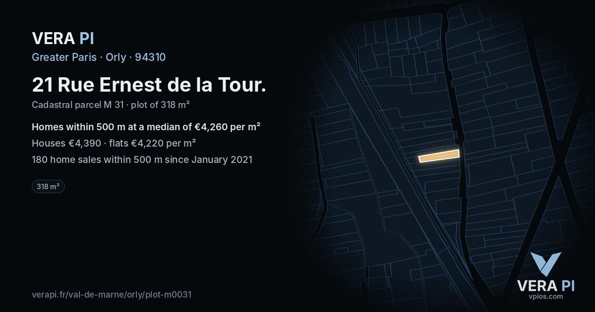 21 Rue Ernest de la Tour, Orly at night – the plot lit, the parcels around coloured by the prices near them