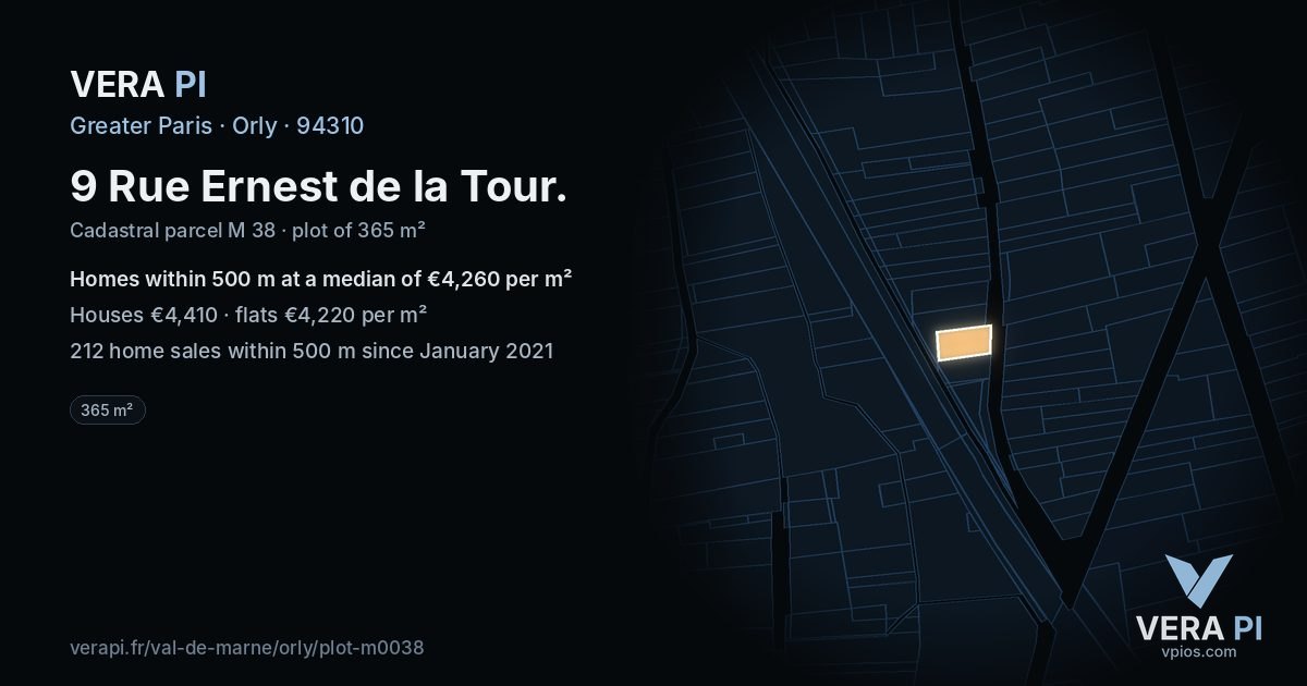 9 Rue Ernest de la Tour, Orly at night – the plot lit, the parcels around coloured by the prices near them