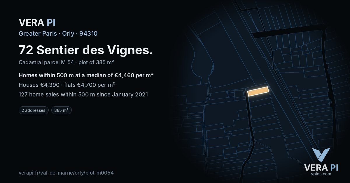 72 Sentier des Vignes, Orly at night – the plot lit, the parcels around coloured by the prices near them