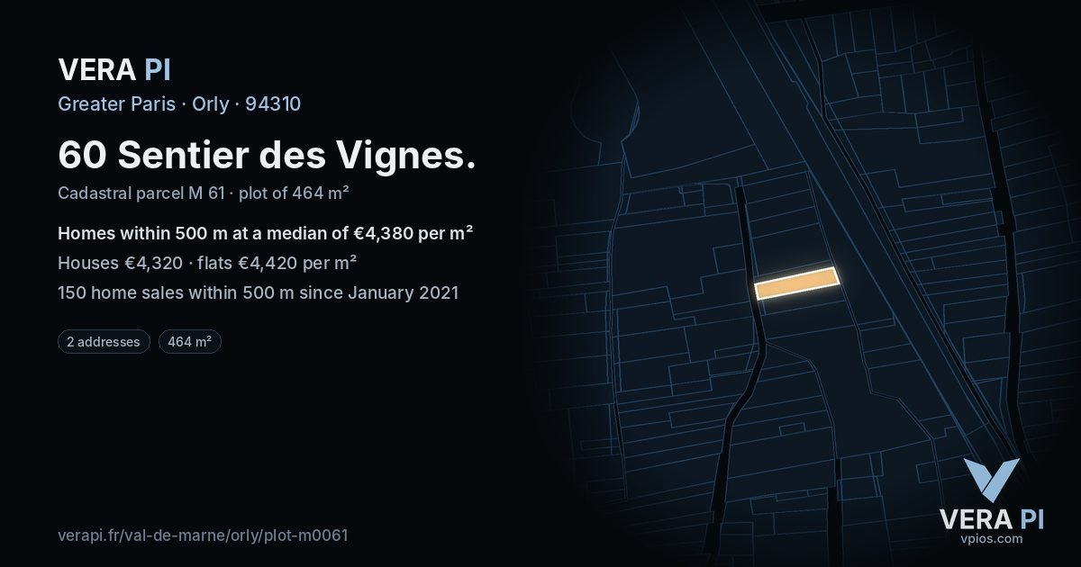 60 Sentier des Vignes, Orly at night – the plot lit, the parcels around coloured by the prices near them