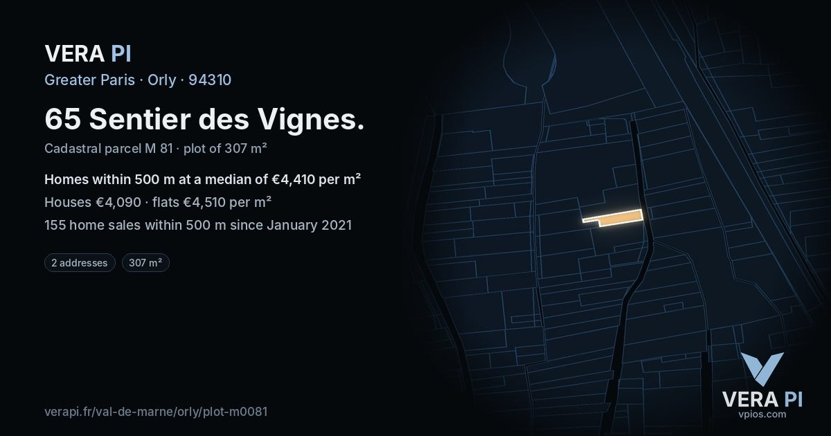 65 Sentier des Vignes, Orly at night – the plot lit, the parcels around coloured by the prices near them