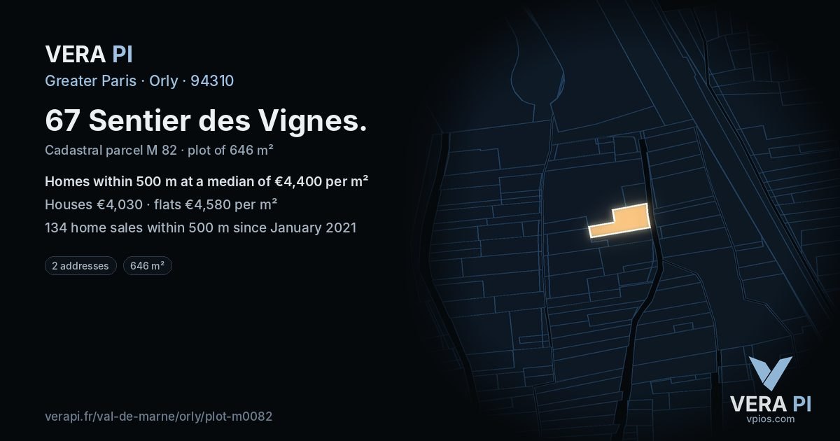 67 Sentier des Vignes, Orly at night – the plot lit, the parcels around coloured by the prices near them
