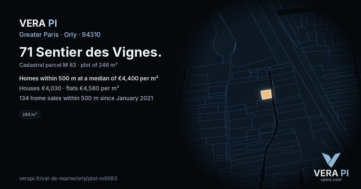 71 Sentier des Vignes, Orly at night – the plot lit, the parcels around coloured by the prices near them