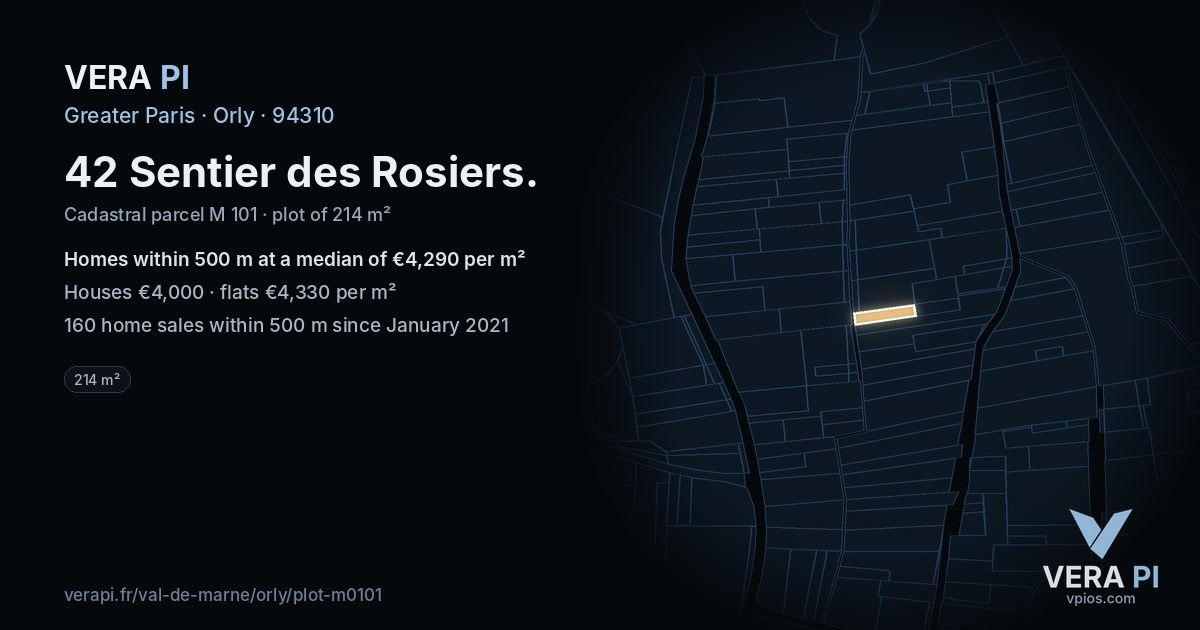 42 Sentier des Rosiers, Orly at night – the plot lit, the parcels around coloured by the prices near them