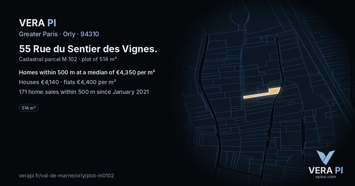 55 Rue du Sentier des Vignes, Orly at night – the plot lit, the parcels around coloured by the prices near them
