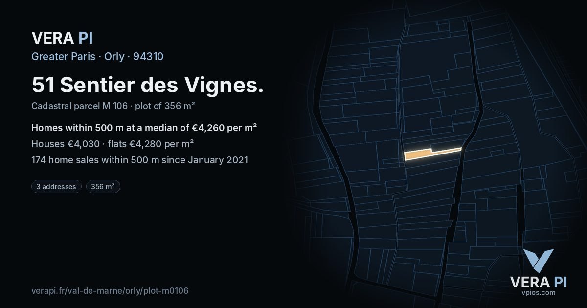 51 Sentier des Vignes, Orly at night – the plot lit, the parcels around coloured by the prices near them