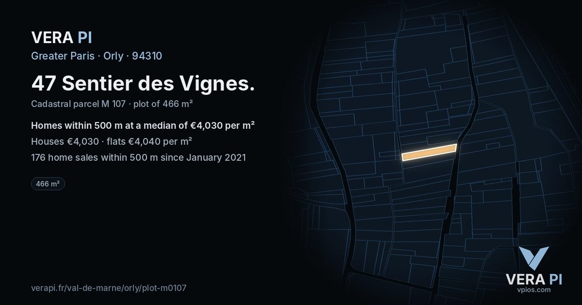 47 Sentier des Vignes, Orly at night – the plot lit, the parcels around coloured by the prices near them