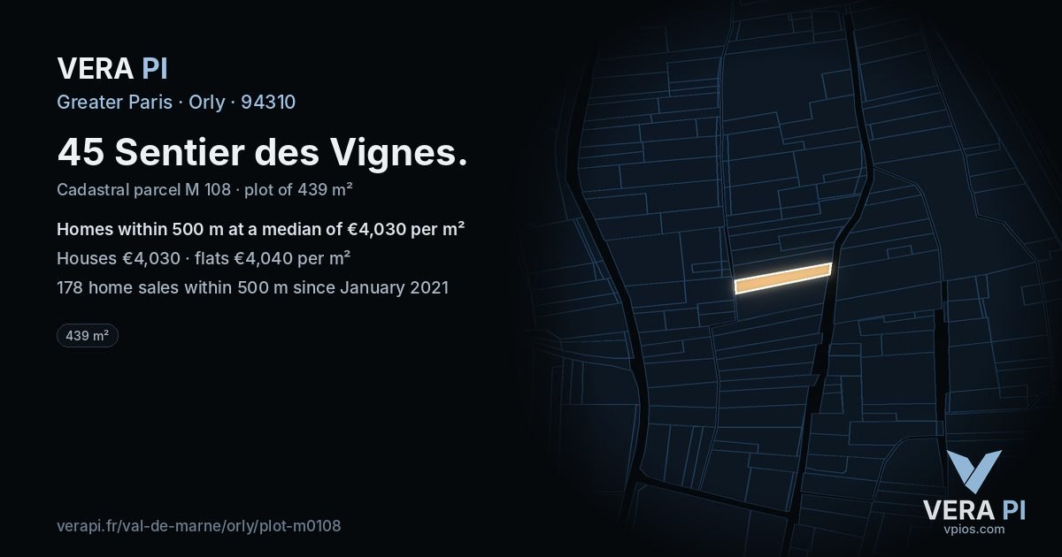 45 Sentier des Vignes, Orly at night – the plot lit, the parcels around coloured by the prices near them