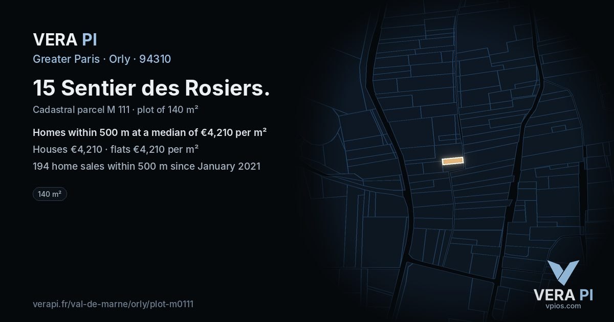 15 Sentier des Rosiers, Orly at night – the plot lit, the parcels around coloured by the prices near them