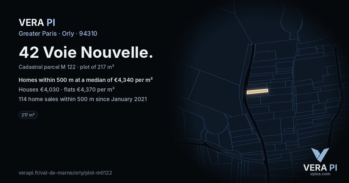42 Voie Nouvelle, Orly at night – the plot lit, the parcels around coloured by the prices near them