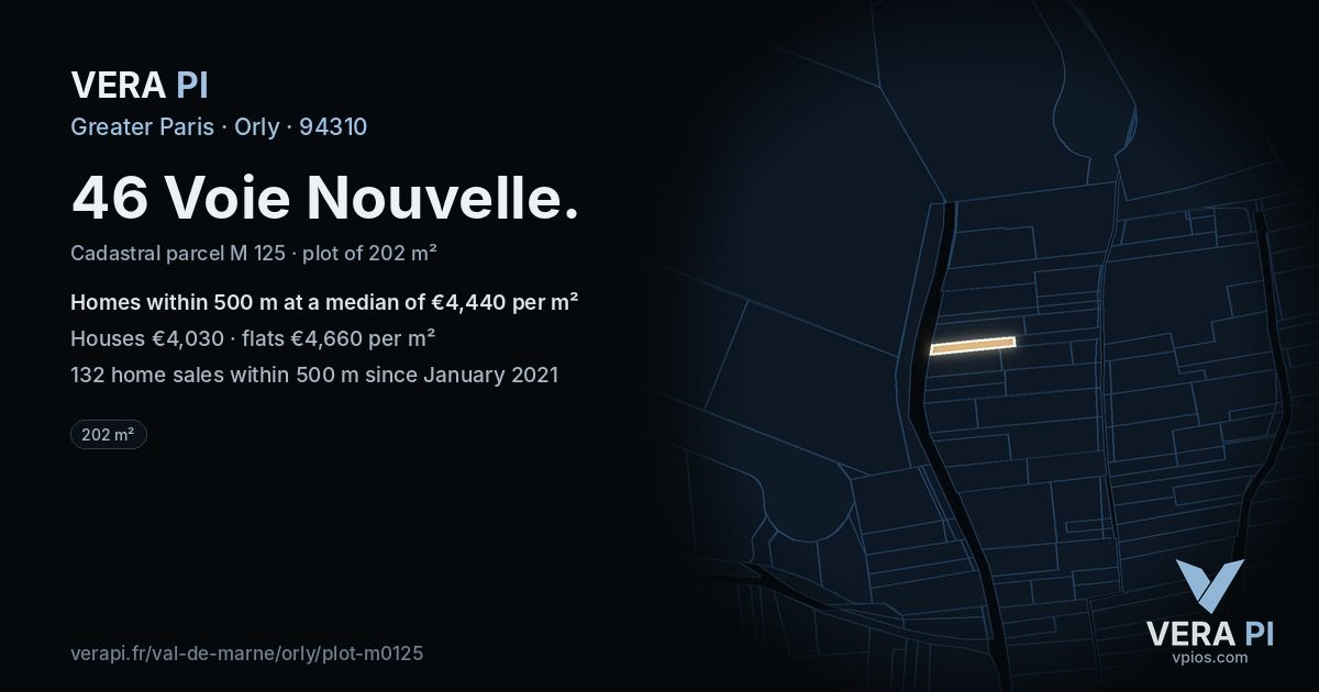 46 Voie Nouvelle, Orly at night – the plot lit, the parcels around coloured by the prices near them