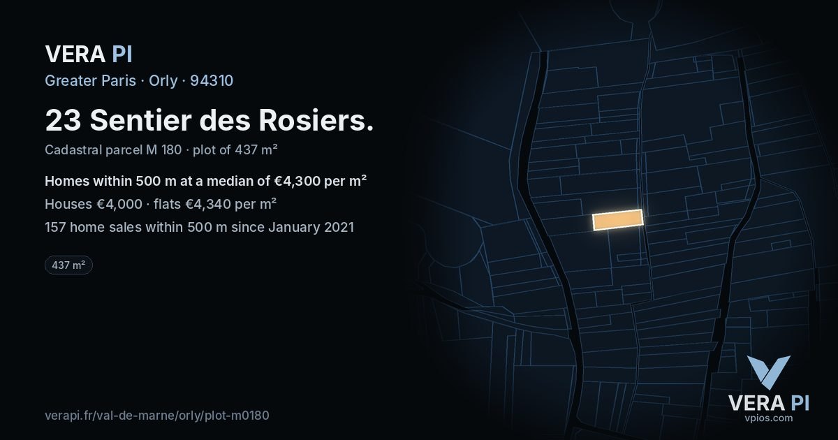 23 Sentier des Rosiers, Orly at night – the plot lit, the parcels around coloured by the prices near them
