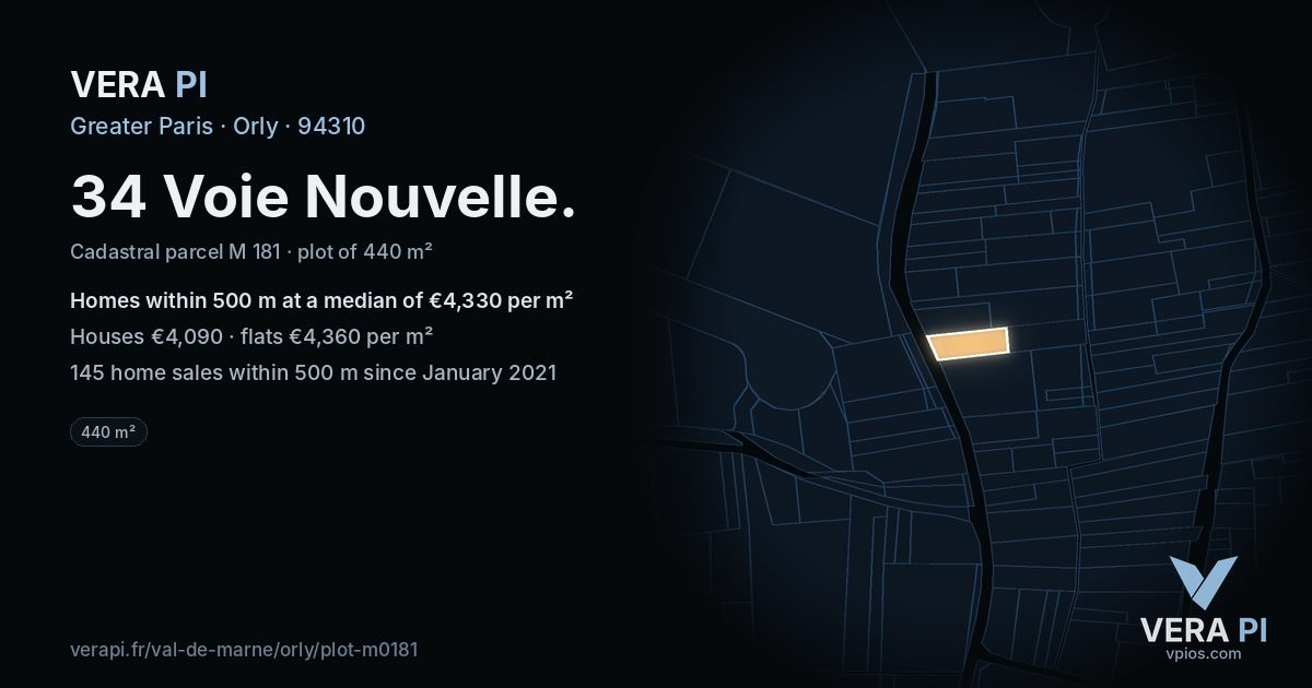 34 Voie Nouvelle, Orly at night – the plot lit, the parcels around coloured by the prices near them