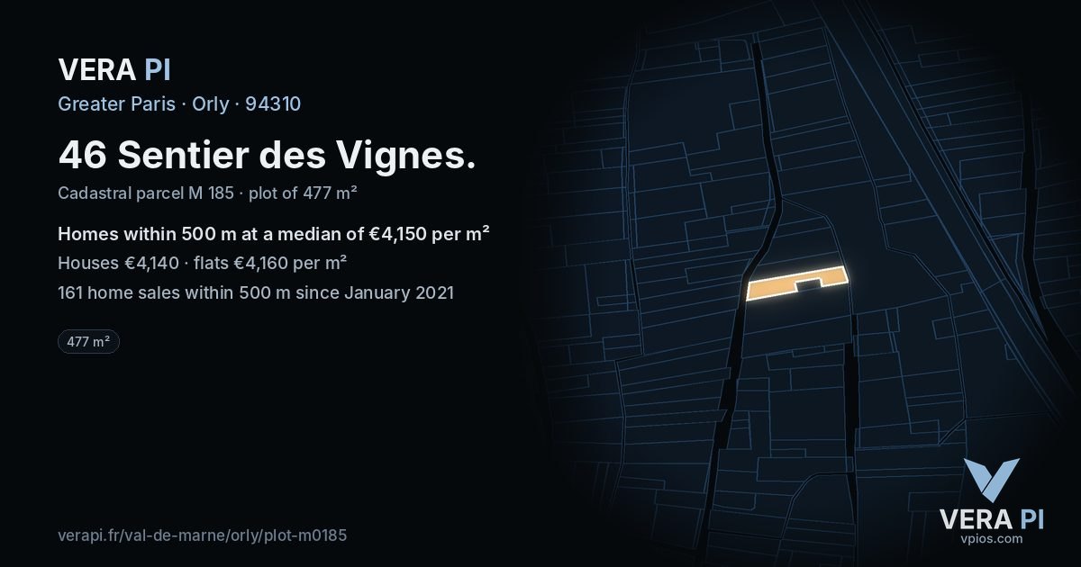 46 Sentier des Vignes, Orly at night – the plot lit, the parcels around coloured by the prices near them