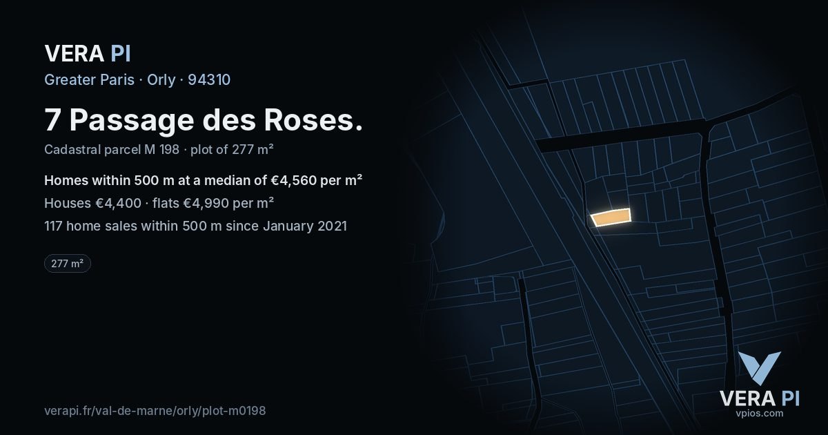 7 Passage des Roses, Orly at night – the plot lit, the parcels around coloured by the prices near them