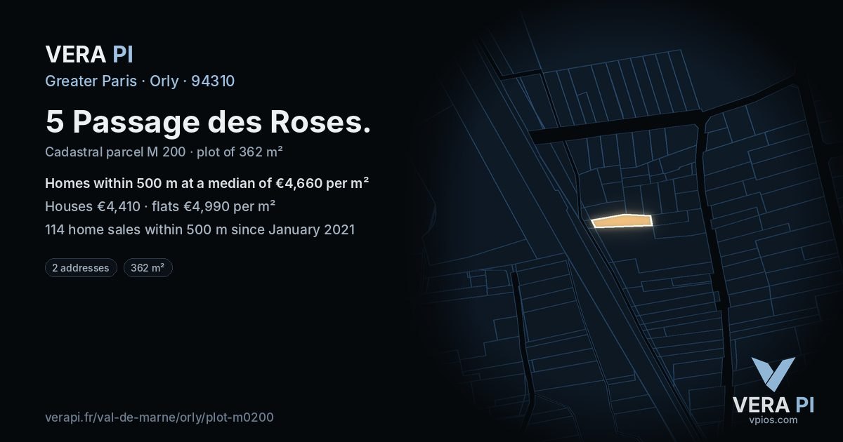 5 Passage des Roses, Orly at night – the plot lit, the parcels around coloured by the prices near them