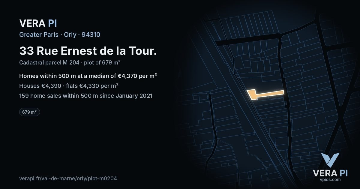 33 Rue Ernest de la Tour, Orly at night – the plot lit, the parcels around coloured by the prices near them