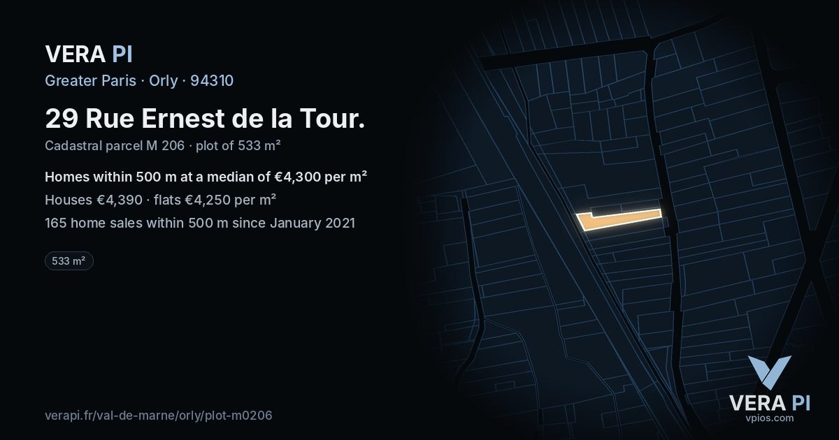 29 Rue Ernest de la Tour, Orly at night – the plot lit, the parcels around coloured by the prices near them