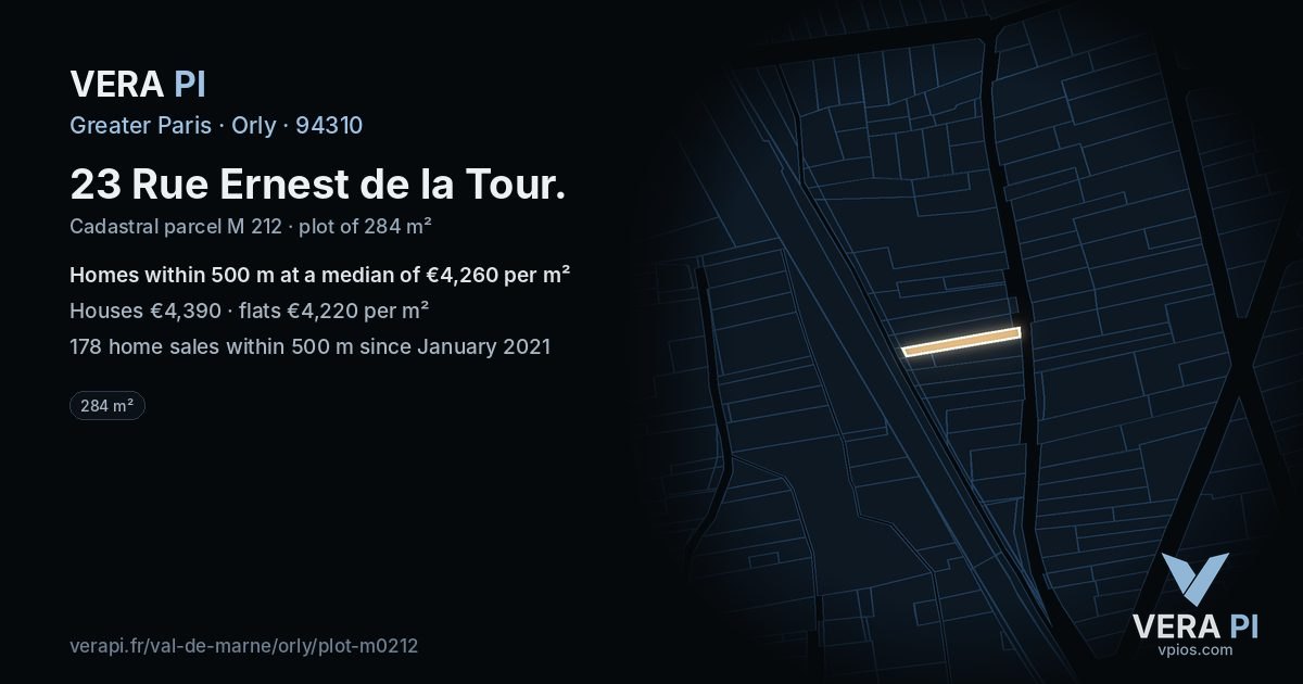 23 Rue Ernest de la Tour, Orly at night – the plot lit, the parcels around coloured by the prices near them