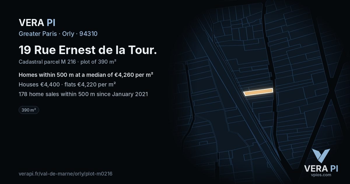 19 Rue Ernest de la Tour, Orly at night – the plot lit, the parcels around coloured by the prices near them