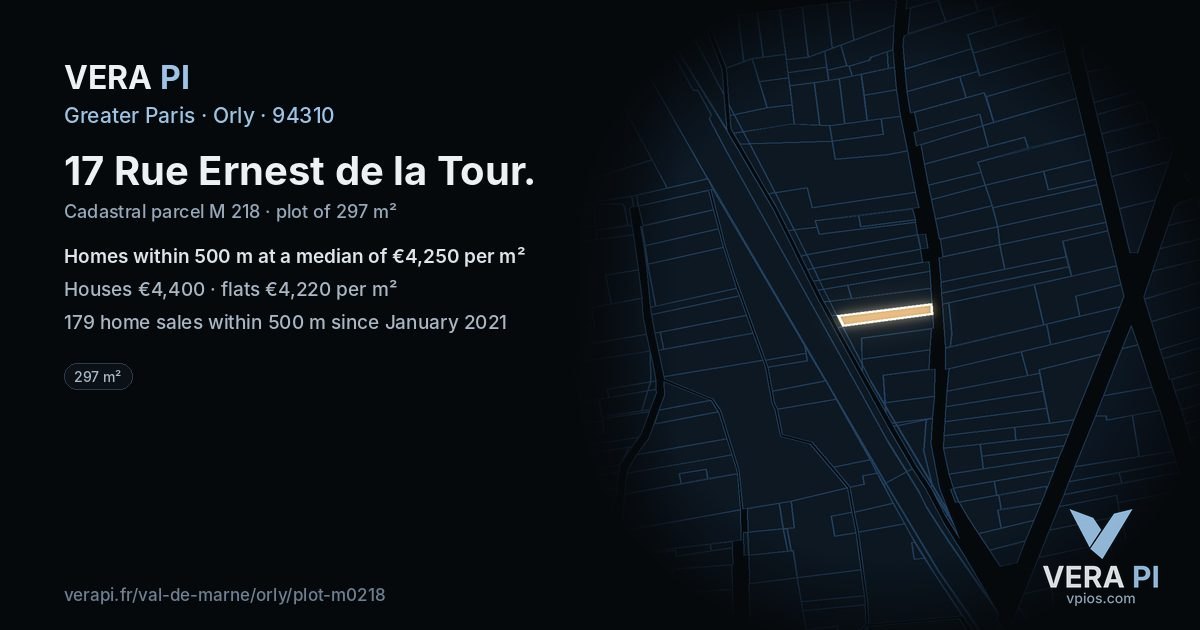 17 Rue Ernest de la Tour, Orly at night – the plot lit, the parcels around coloured by the prices near them