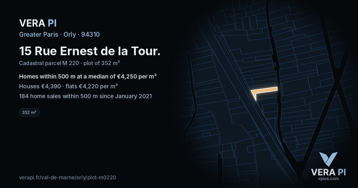 15 Rue Ernest de la Tour, Orly at night – the plot lit, the parcels around coloured by the prices near them