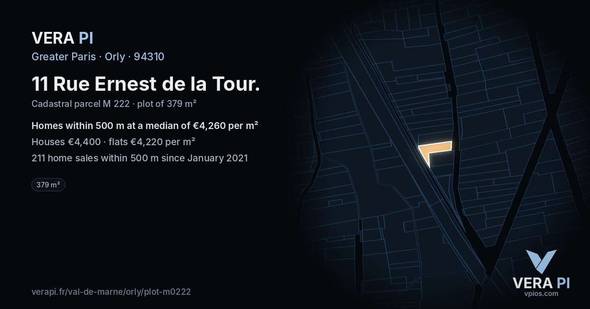 11 Rue Ernest de la Tour, Orly at night – the plot lit, the parcels around coloured by the prices near them