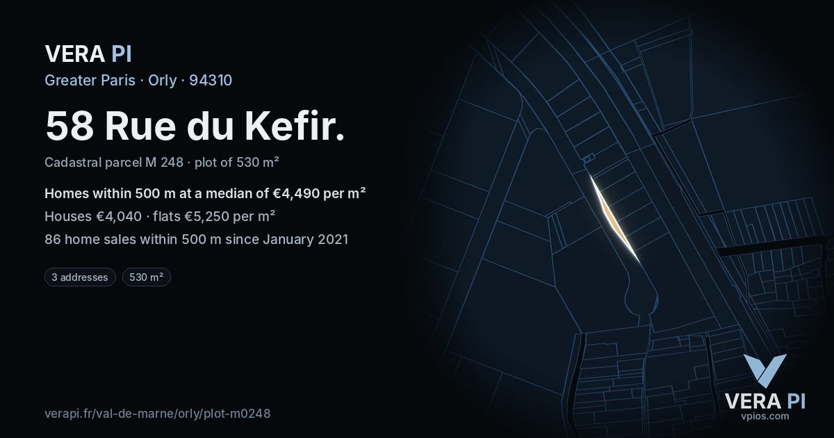 58 Rue du Kefir, Orly at night – the plot lit, the parcels around coloured by the prices near them