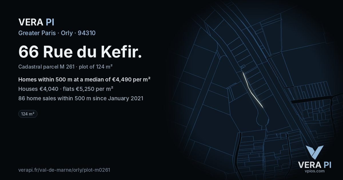 66 Rue du Kefir, Orly at night – the plot lit, the parcels around coloured by the prices near them