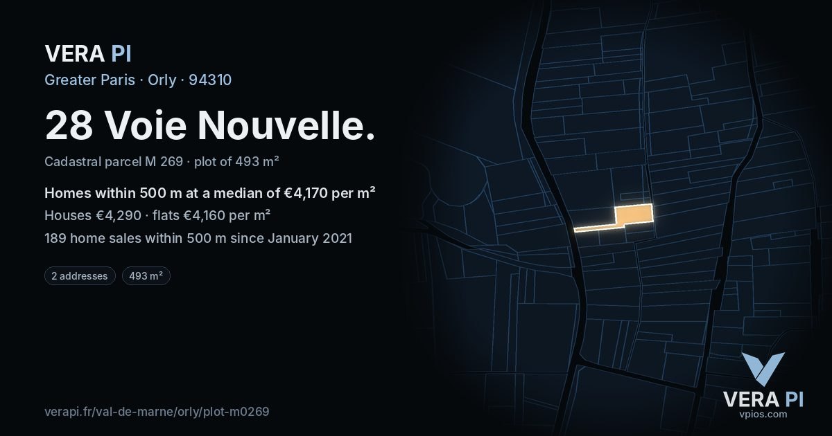 28 Voie Nouvelle, Orly at night – the plot lit, the parcels around coloured by the prices near them